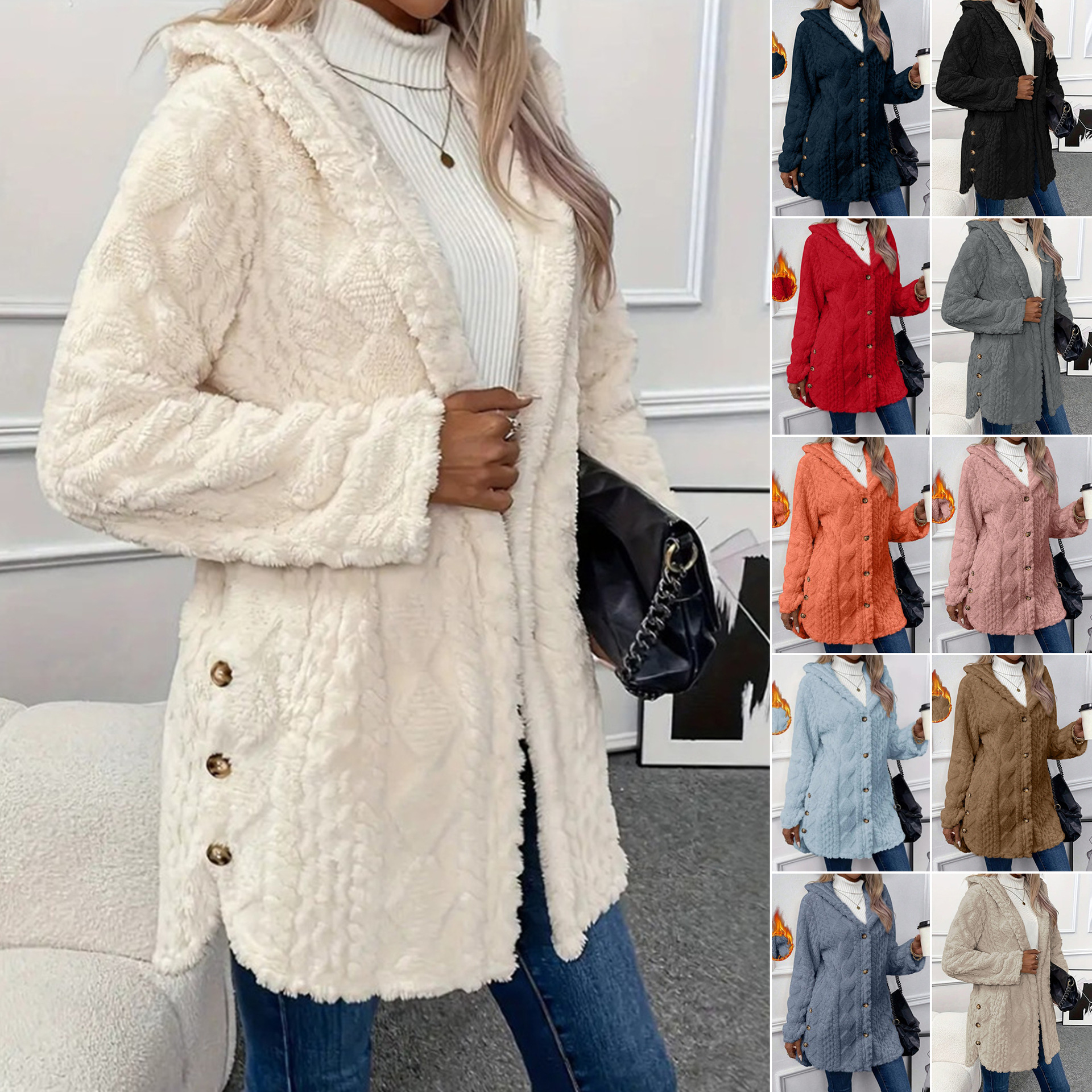 Women's Hooded Double-Sided Fleece Cardigan Long Sleeve Warm Casual Coat
