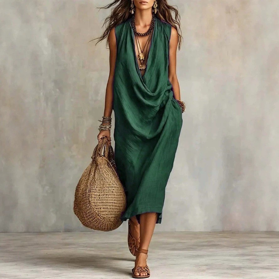 Women's Casual Draped Neck Cotton Linen Dress Loose Sleeveless Vacation Dress