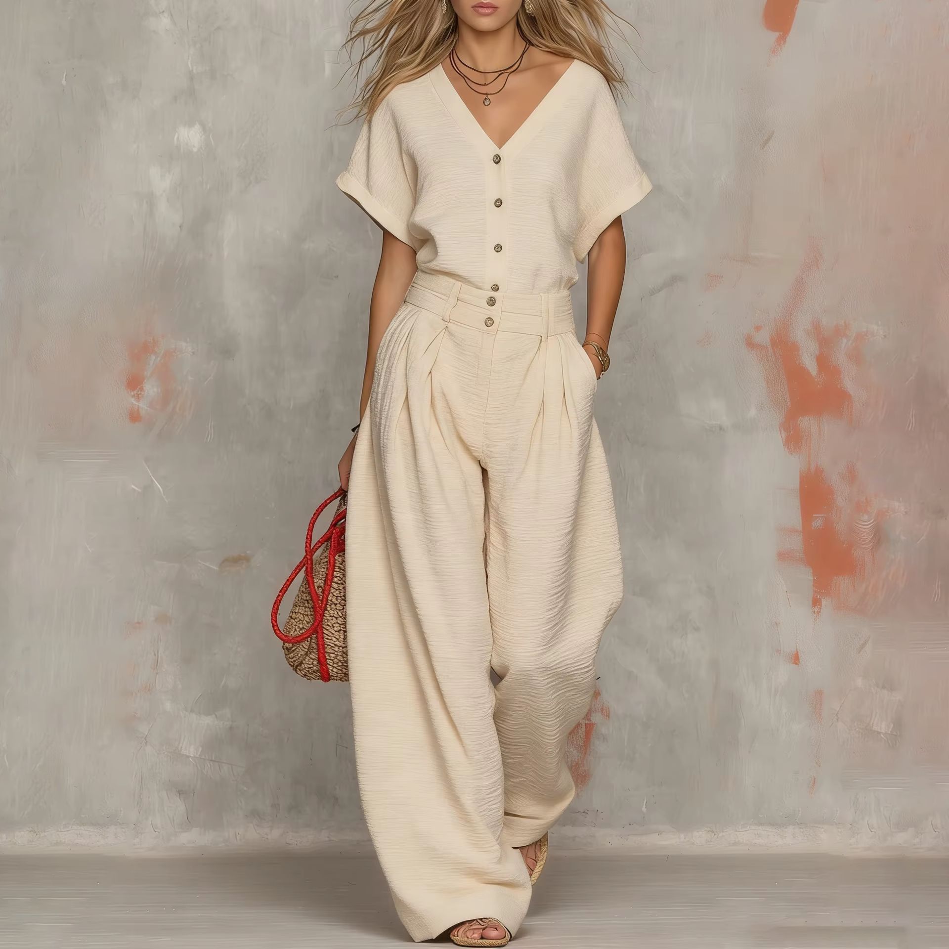 Women's Two-Piece Shirt and Wide-Leg Pants Set Casual Comfortable