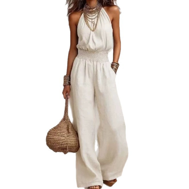 Women's Sleeveless Solid Color Wide-Leg Jumpsuit with Pockets