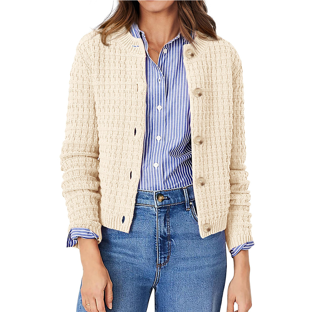 Women's Solid Color Crewneck Knit Cardigan Sweater