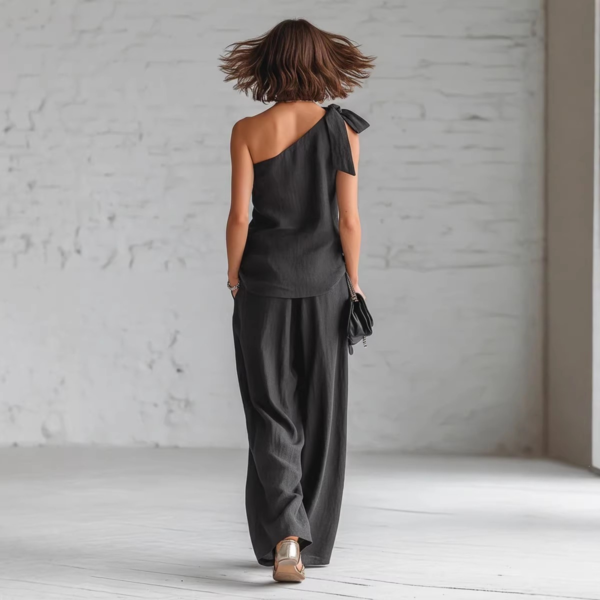 Women's Sleeveless One-Shoulder Top and Wide-Leg Pants Set with Tie Detail