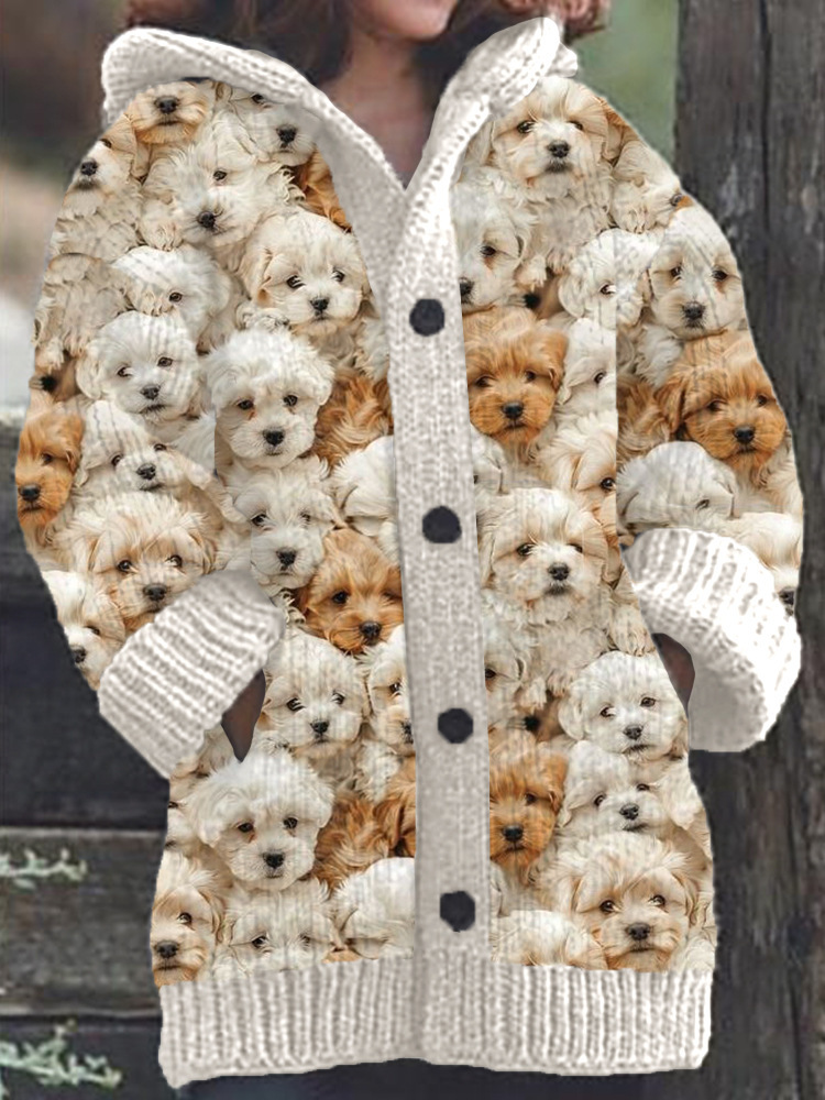 Women's Floral Puppy Rose Print Hooded Button Cardigan Sweater