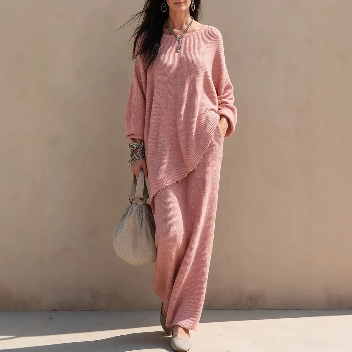 Women's Knit Two-Piece Sweater and High-Waist Midi Skirt Set