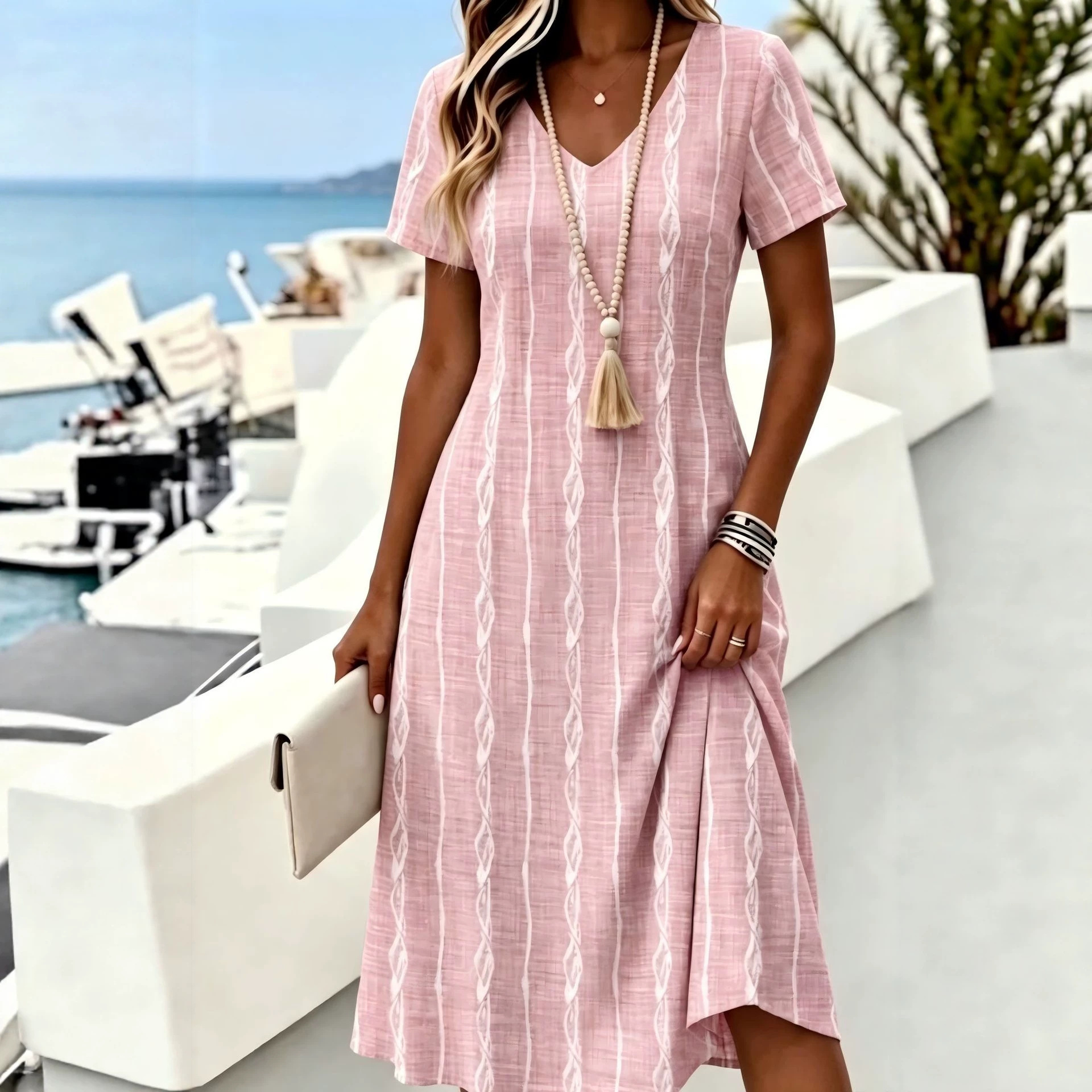 Women's Floral Print Casual Midi Dress Short Sleeve Deep V-Neck Slim Fit