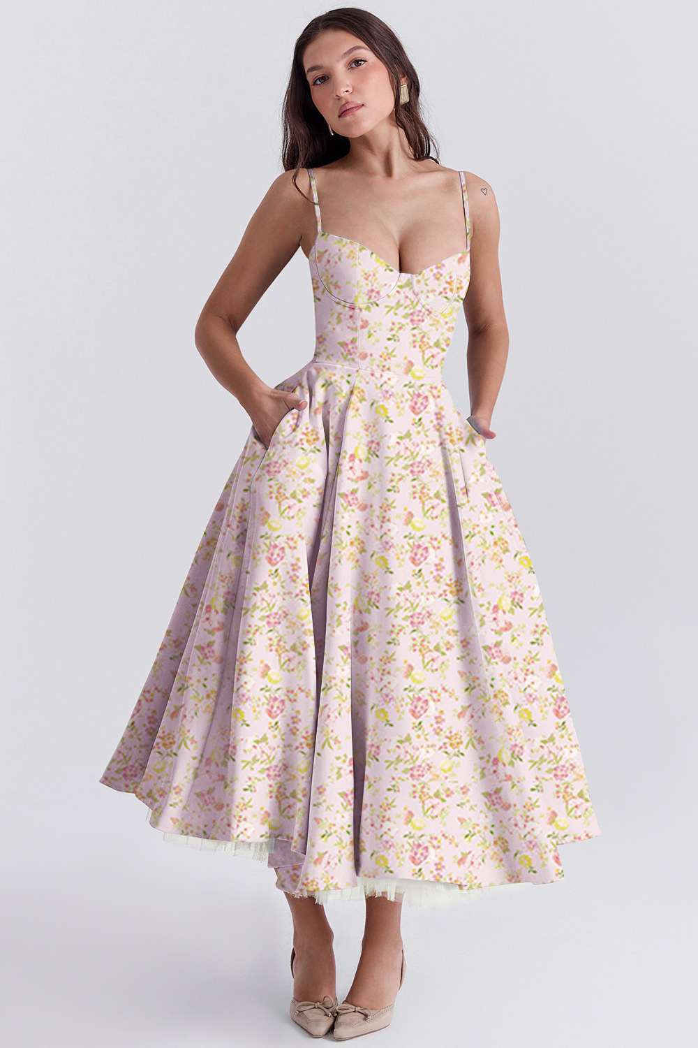 Women's French Style Tulle Double-Layer Cami Maxi Dress with Full Skirt