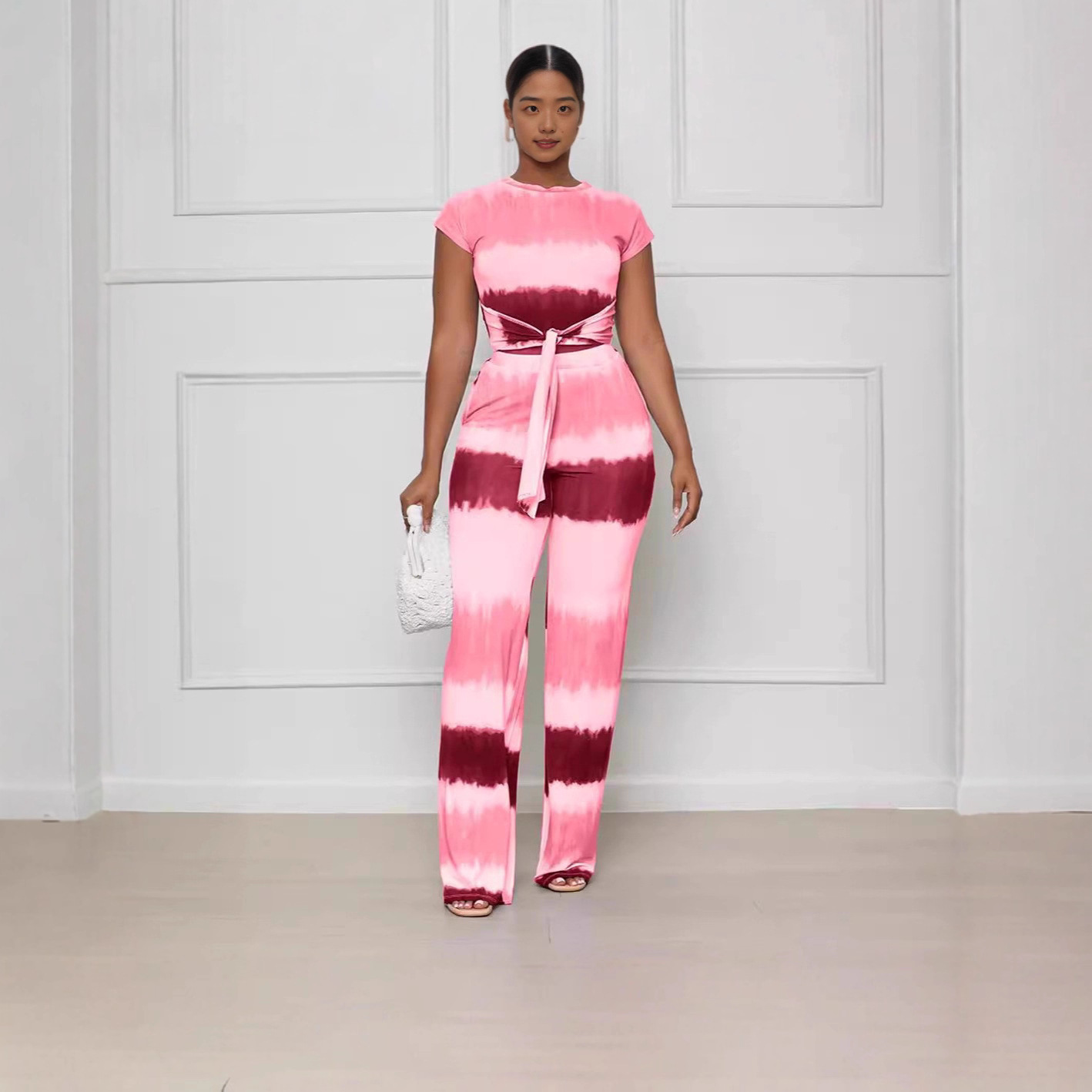 Women's Tie-Front Cutout Straight-Leg Gradient Pants Set