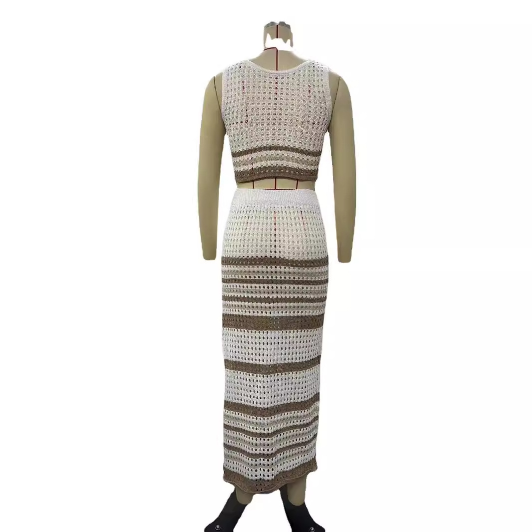 Women's Sleeveless Tank Top and Striped Slit Midi Skirt Knit Set