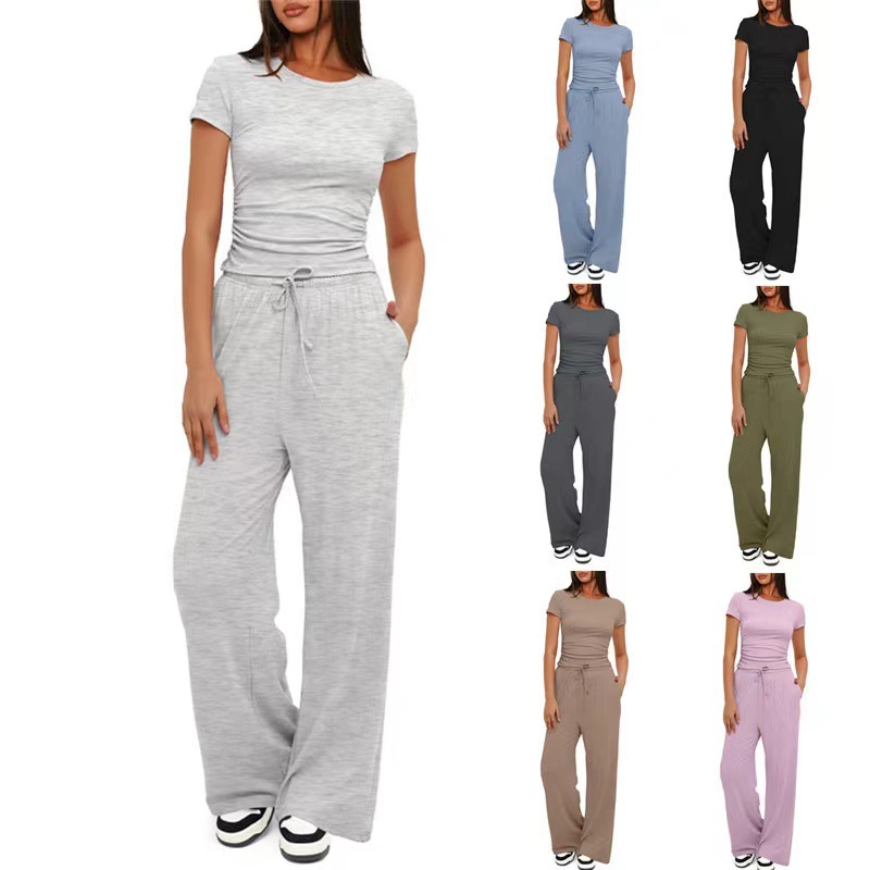 Solid Ruched Short Sleeve Top and High Waist Wide Leg Pants Set