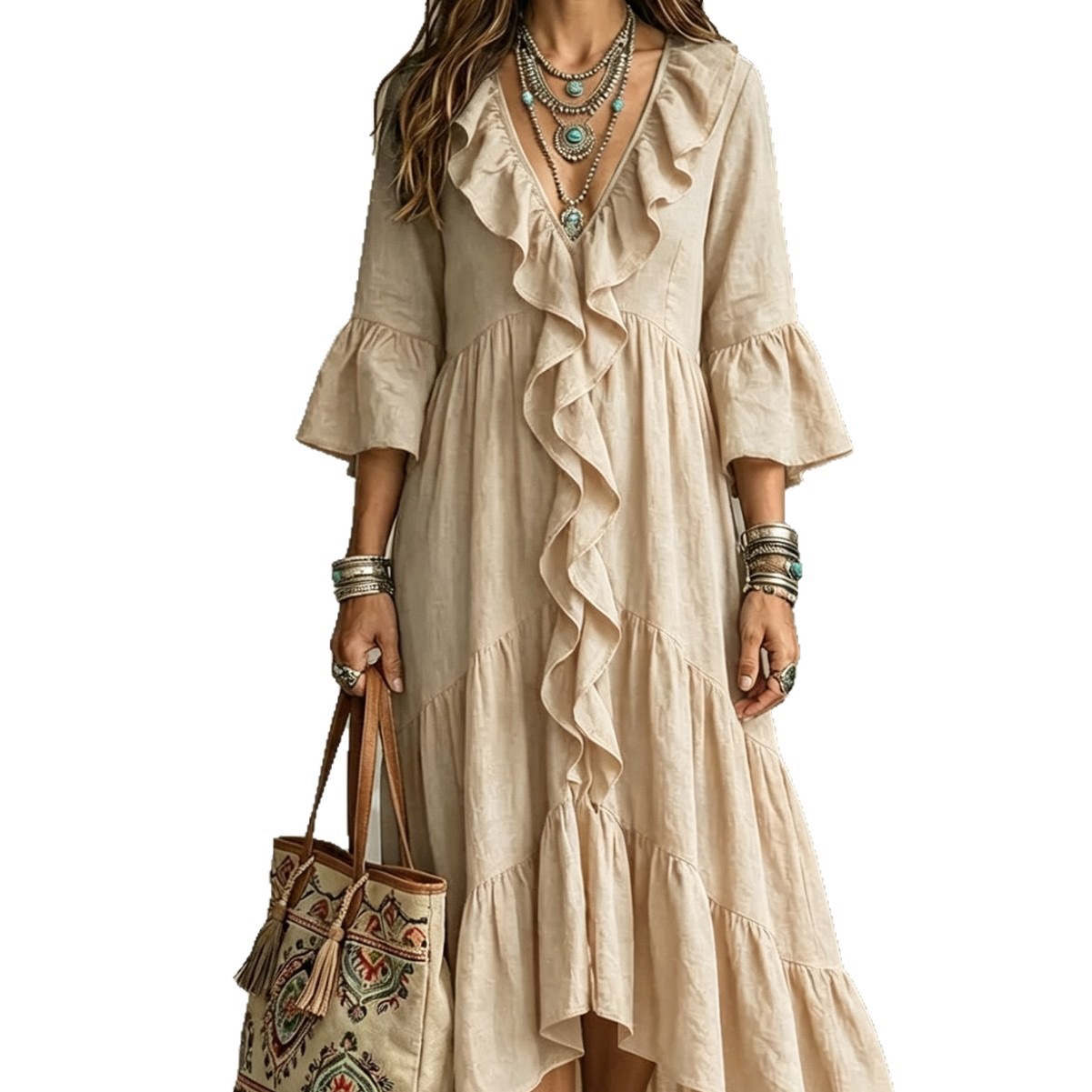 V-Neck Ruffle Bell Sleeve Midi Dress
