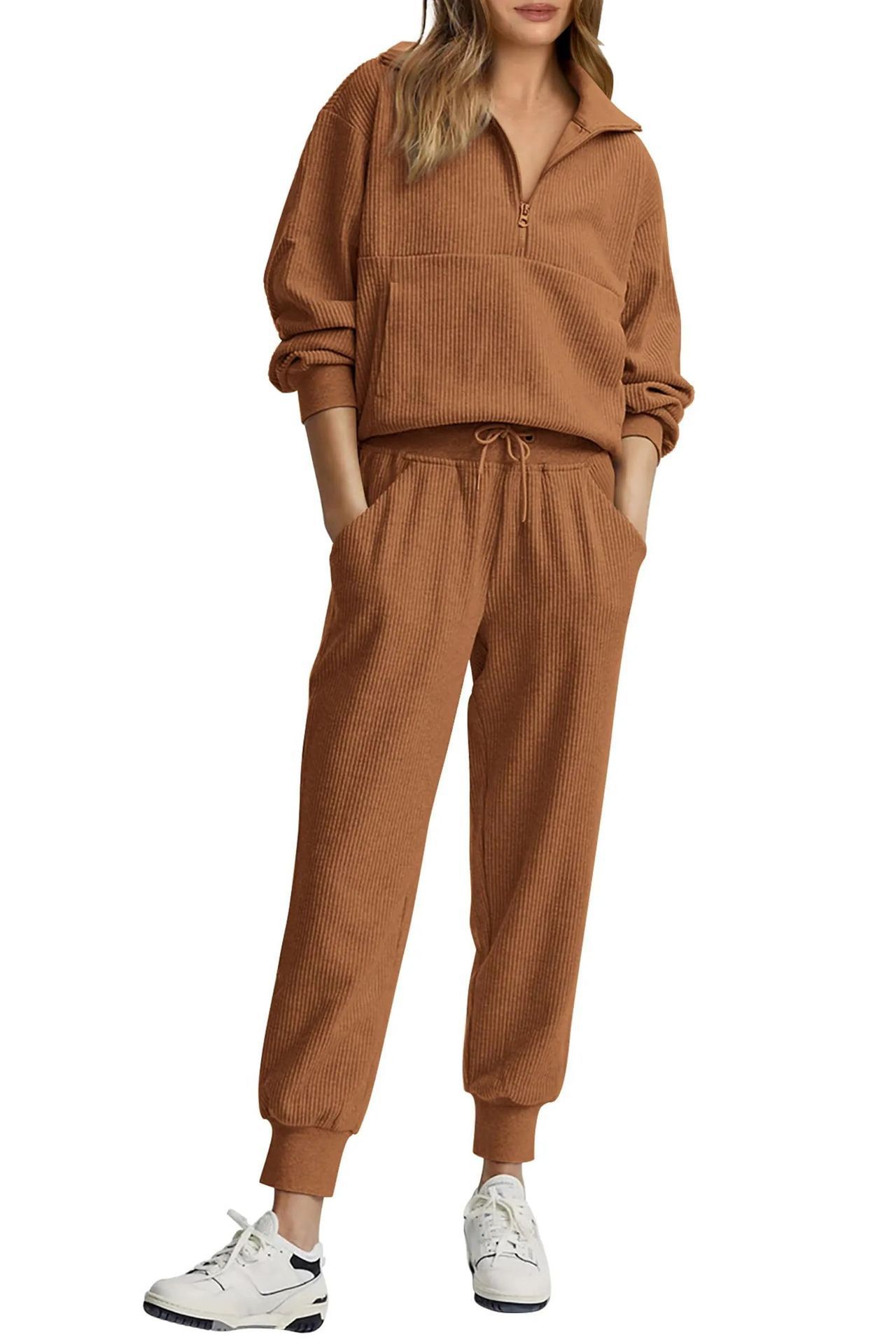 Women's Half-Zip Long Sleeve Top and Pants Casual Set