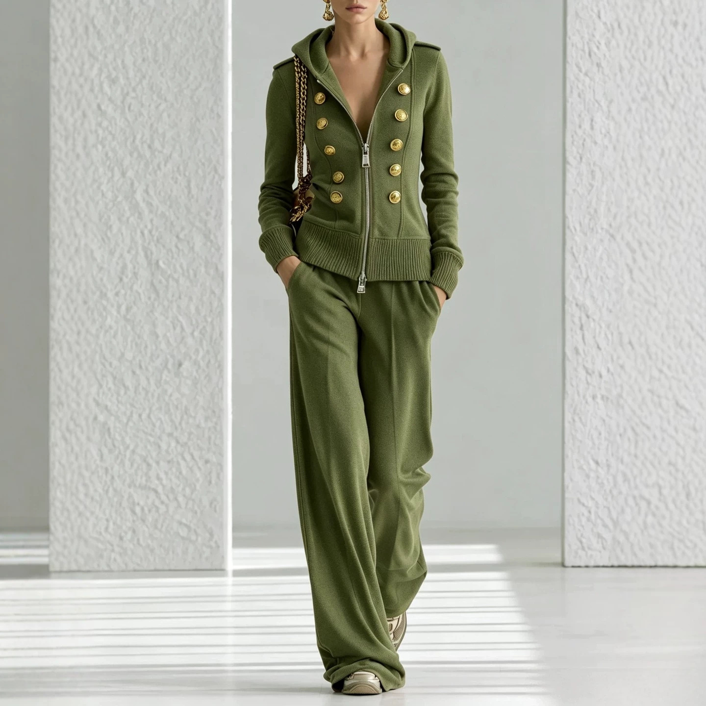 Y2K Double-Breasted Hooded Zip Top & Wide-Leg Pants Women's Set