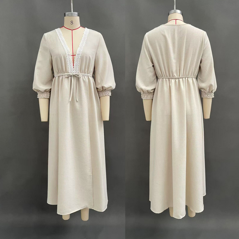 Women's Deep V-Neck Long Split Dress with Puff Sleeves