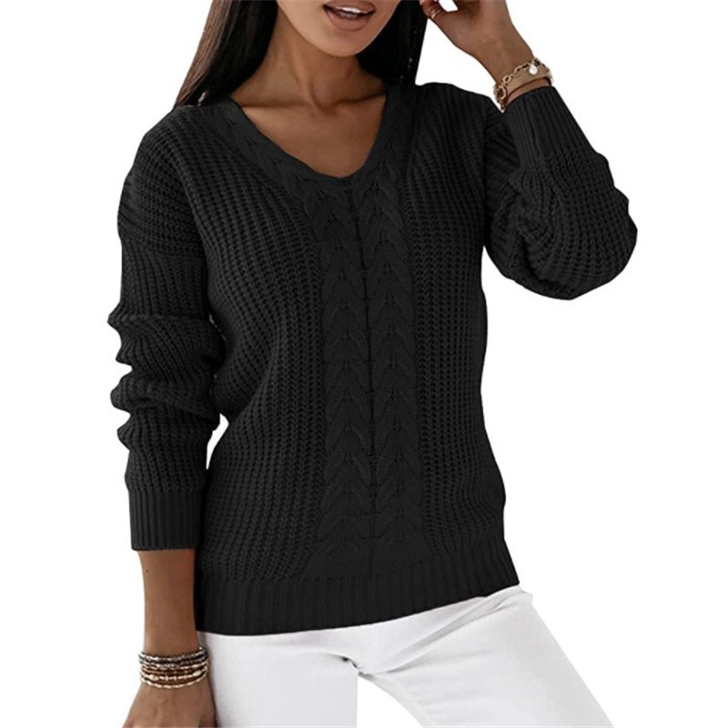 Women's V-Neck Cable Knit Pullover Sweater Long Sleeve Solid Color