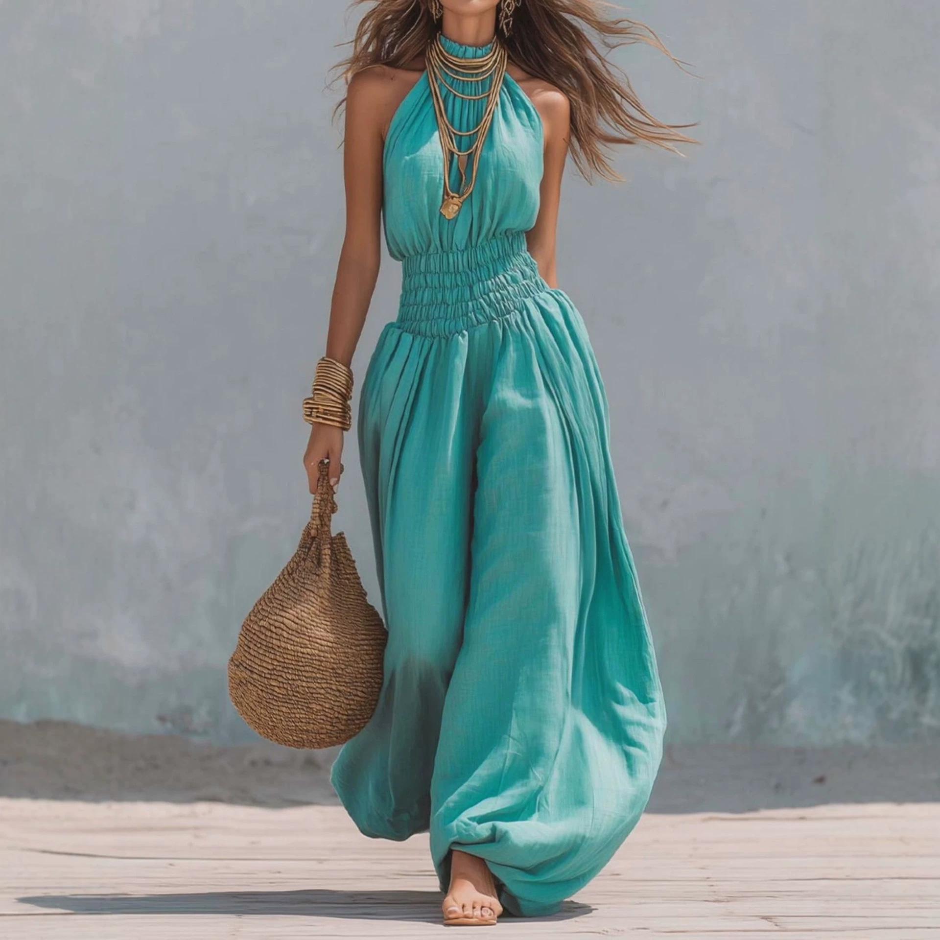 Women's Sleeveless Halter Lantern Jumpsuit Streetwear Solid Color