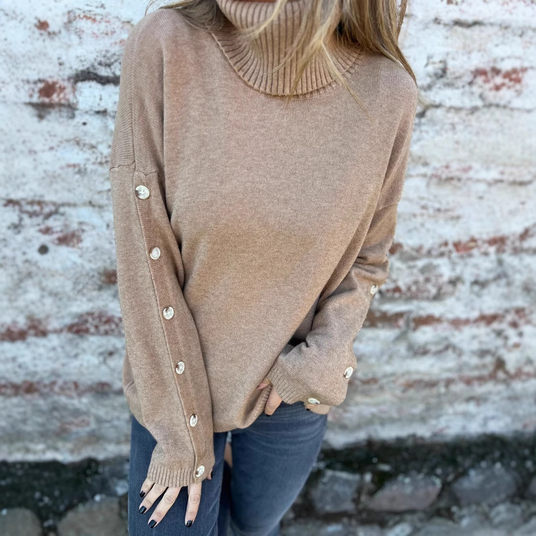 Women's High Neck Button Knit Sweater Casual Pullover