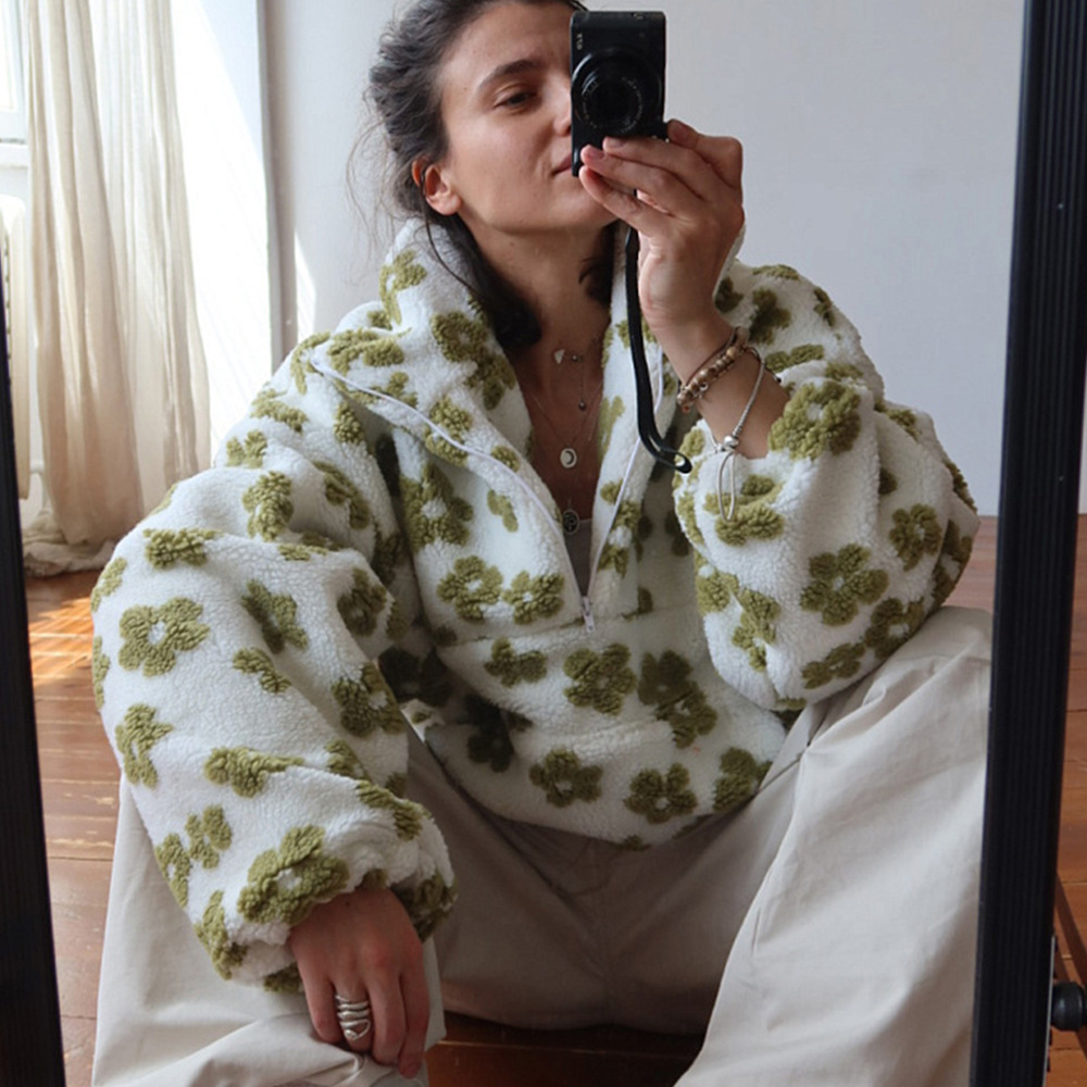 Fleece Floral Pullover Sweatshirt Warm Fuzzy Turtleneck Loose Fit