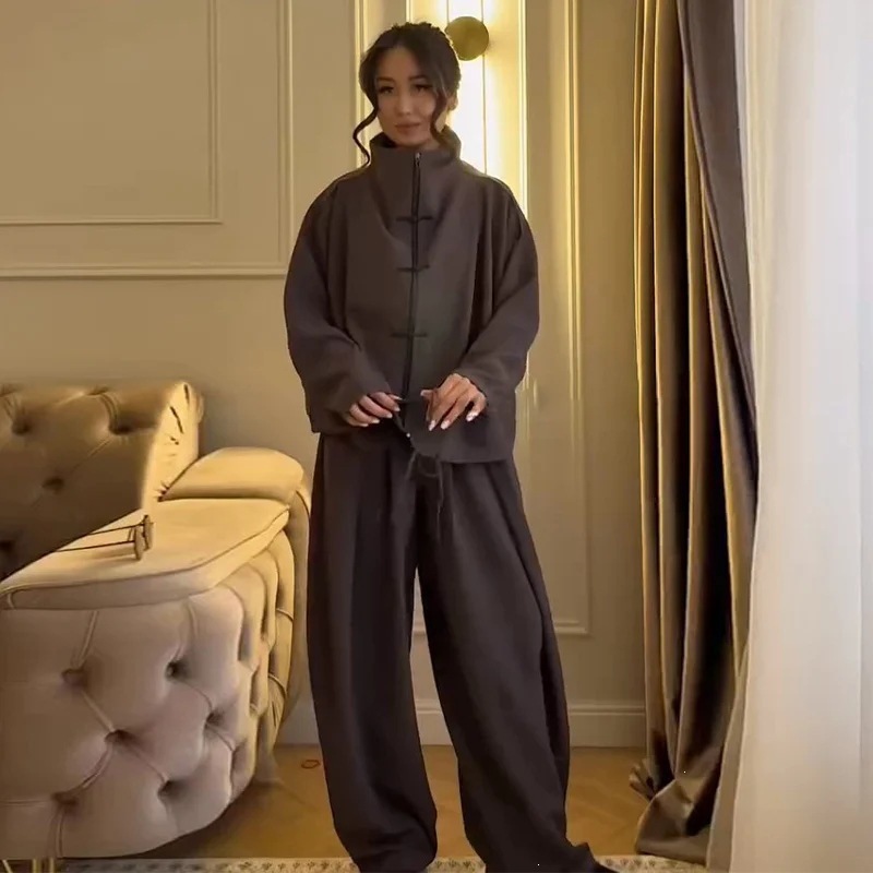 Chinese Style Frog Button Slim Fit Long Sleeve Jacket and Pants Set