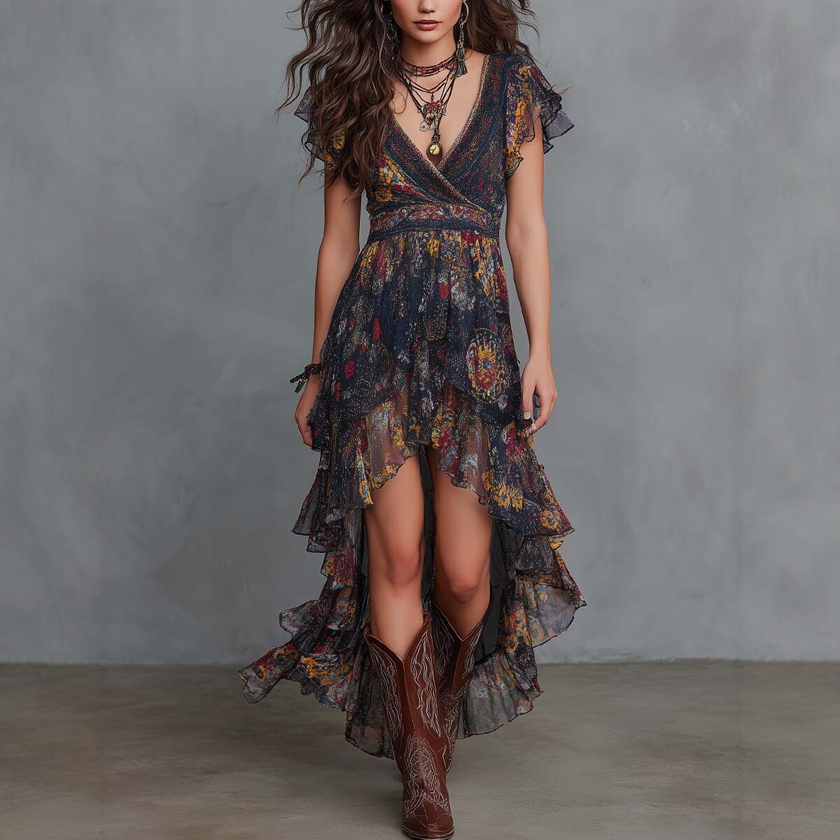 V-Neck Floral Midi Dress with Asymmetrical Ruffle Hem