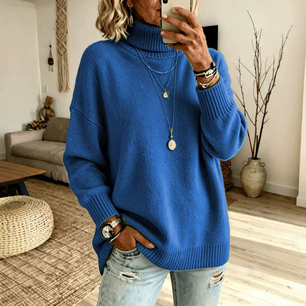 Women's Lazy Pure Color Elegant Slit Loose Turtleneck Knit Sweater