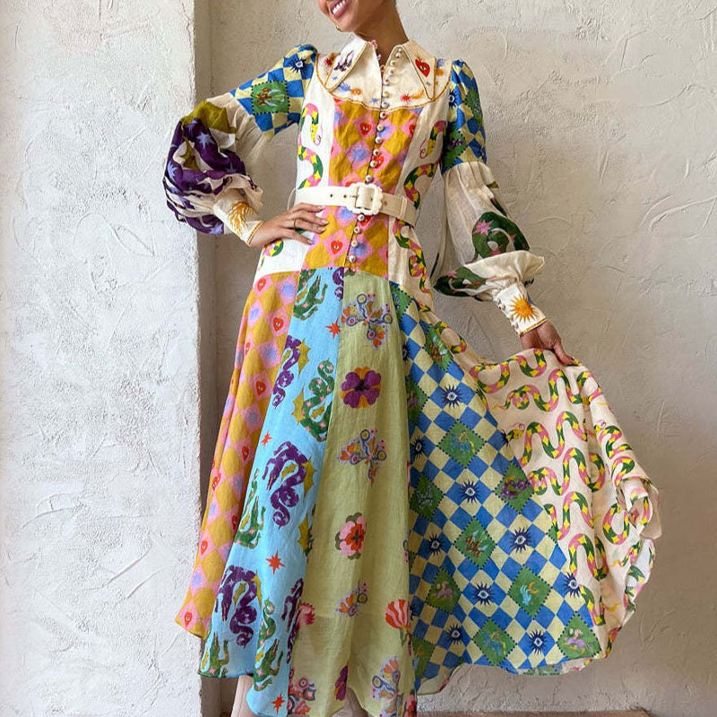 Elegant Floral Print Lapel Collar Waist-Cinched Long Dress