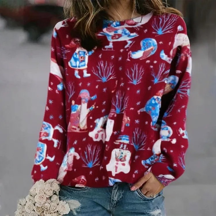 3D Print Women's Sweater Crewneck Pullover Casual Loose Long Sleeve Knit Top