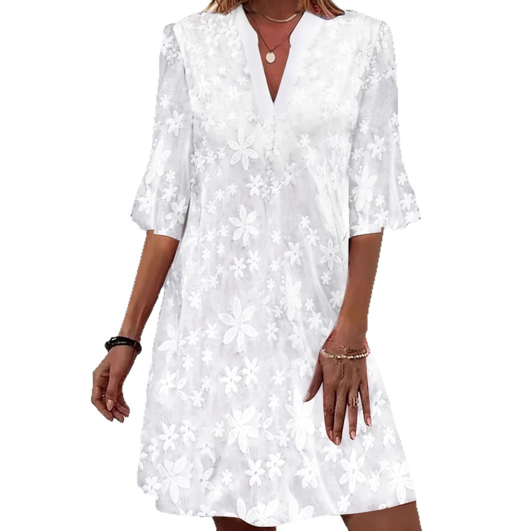 White V-Neck Floral Embroidered Midi Dress with Half Sleeves