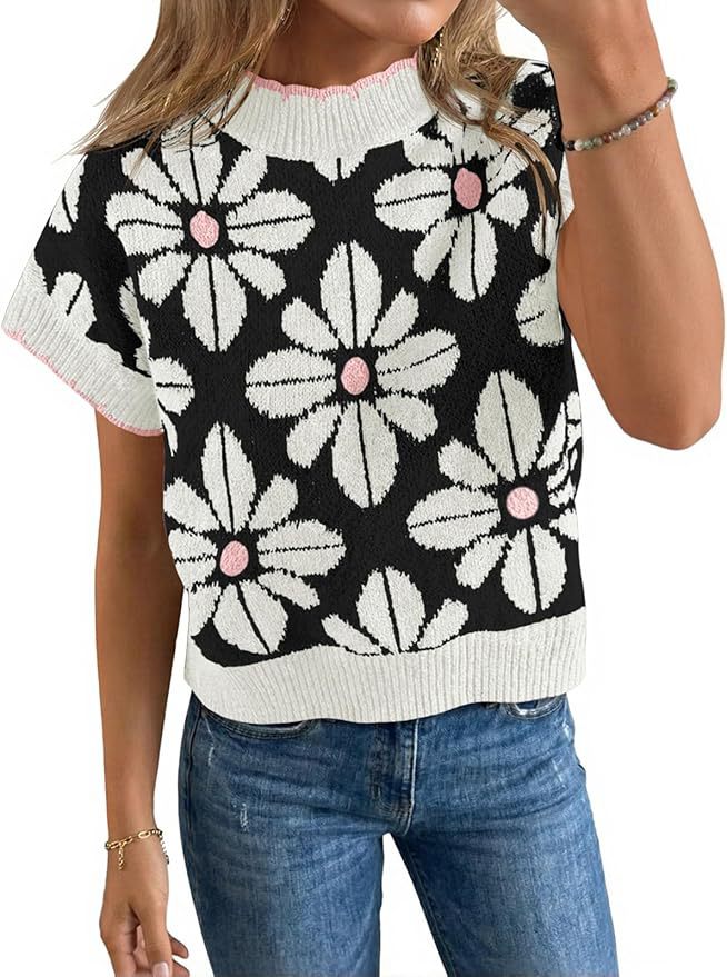 Women's Floral Knit Short Sleeve Sweater Vintage Crew Neck Loose Summer Pullover