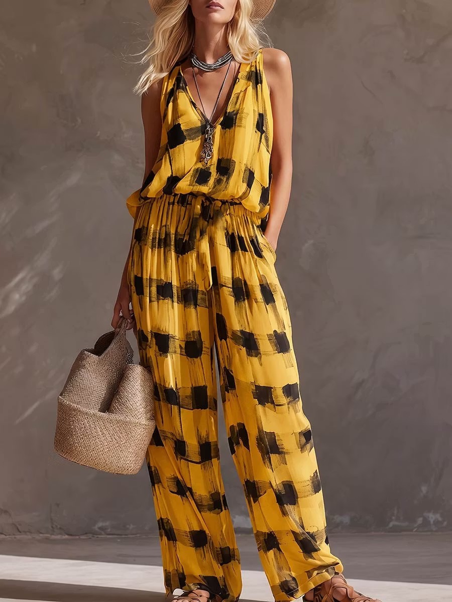 Women's Sleeveless V-Neck Printed Elastic Waist Two-Piece Set