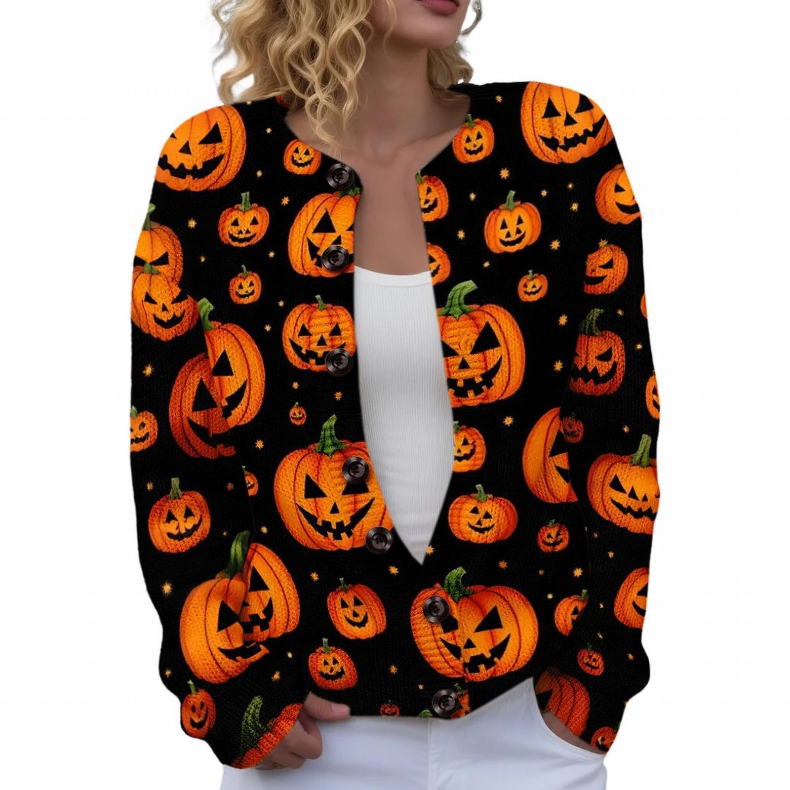 Women's Halloween Ghost Pumpkin Print Button Cardigan Sweater