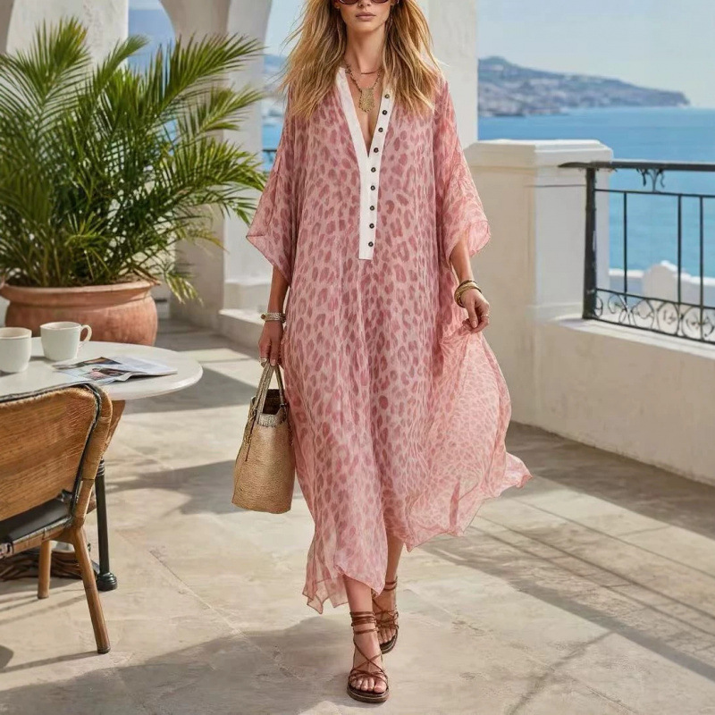 Women's Casual Loose V-Neck Long Leopard Print Dress