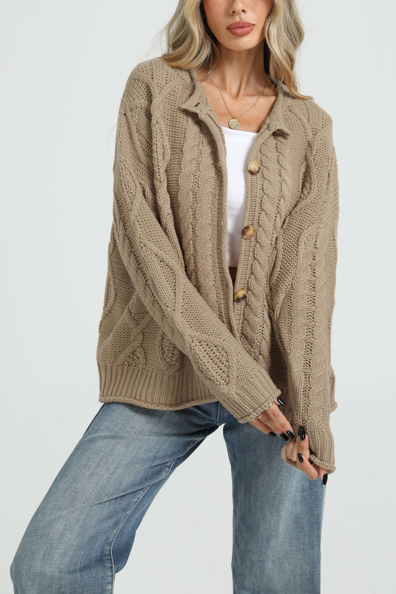 Women's Cable-Knit Cardigan Sweater Loose Fit Button-Up