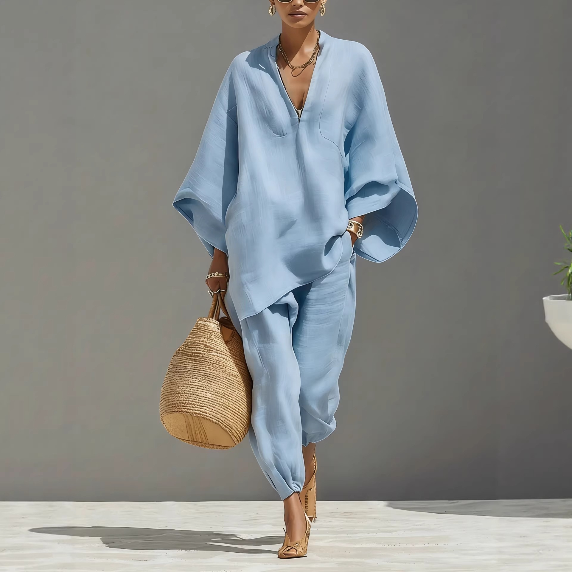 Women's Batwing Sleeve V-Neck Loose Casual Two-Piece Pants Set