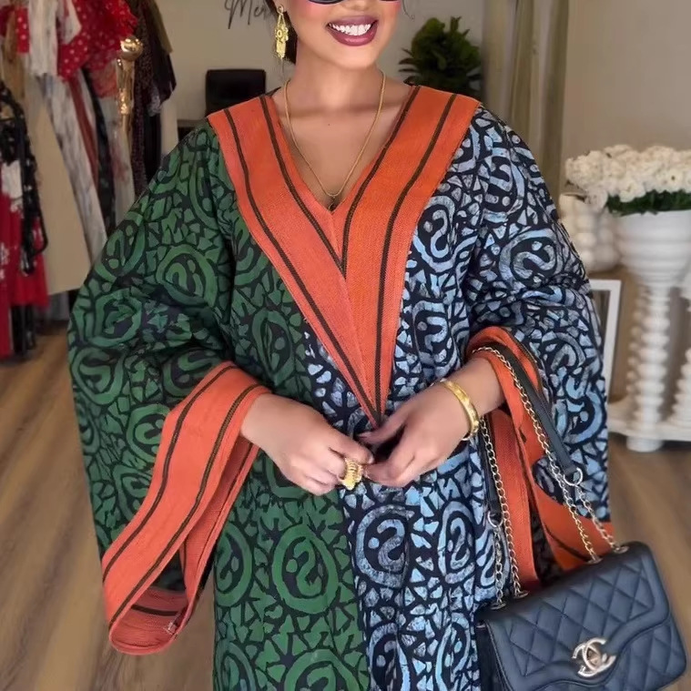 Long Sleeve V-Neck Digital Print Patchwork Maxi Dress