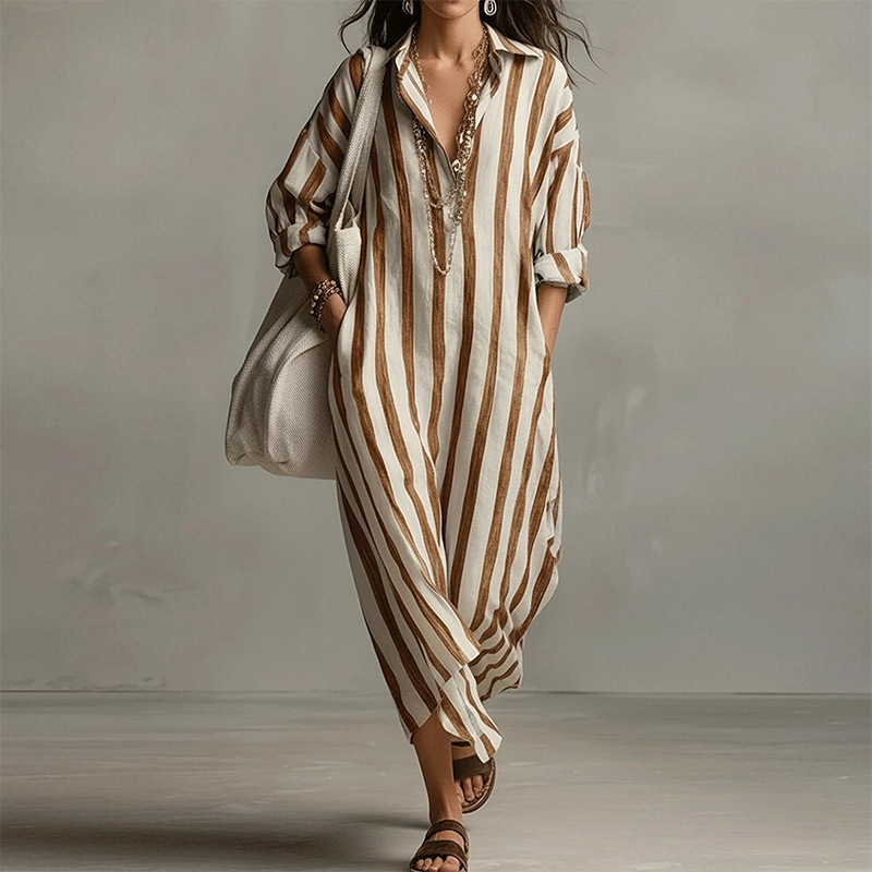 Striped V-Neck Long Dress Casual Commute Loose Fit