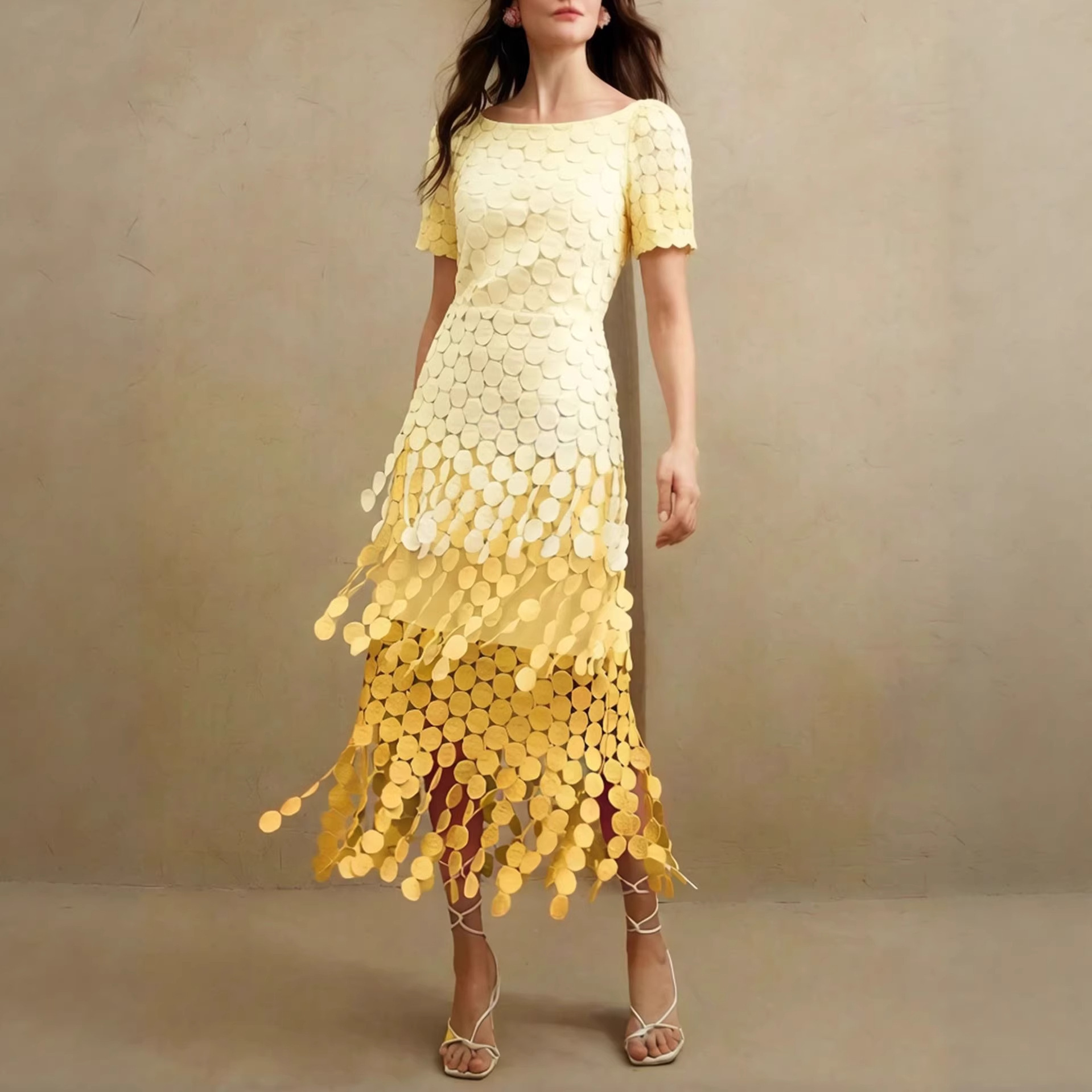 Gradient Crewneck Short Sleeve A-Line Midi Dress