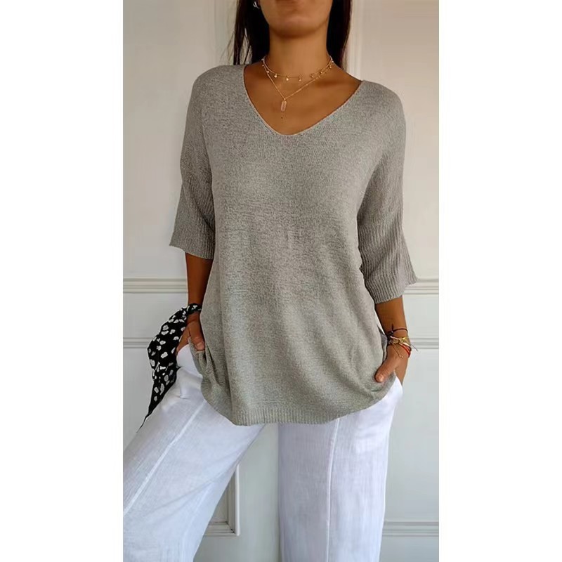 Women's V-Neck Knit Sweater Slimming Solid Color Pullover