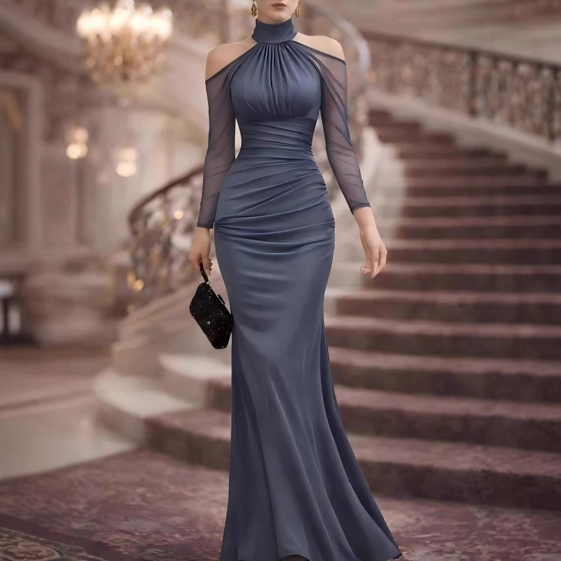 Women's Halter Neck Sheer Long Sleeve Mermaid Evening Gown