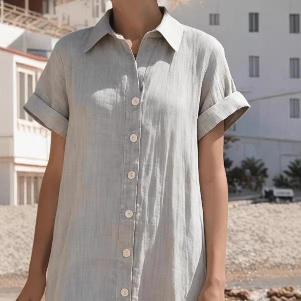 Women's Short Sleeve Long Shirt Dress Loose Relaxed Collared