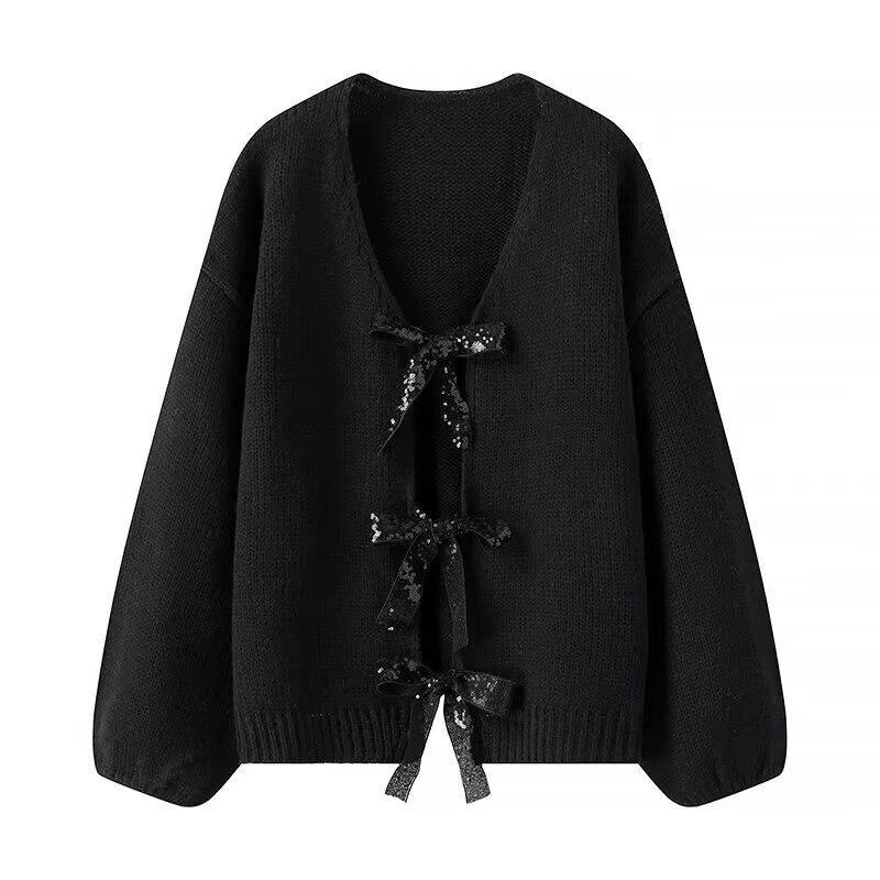 Sequin Bow Knit Cardigan Sweater