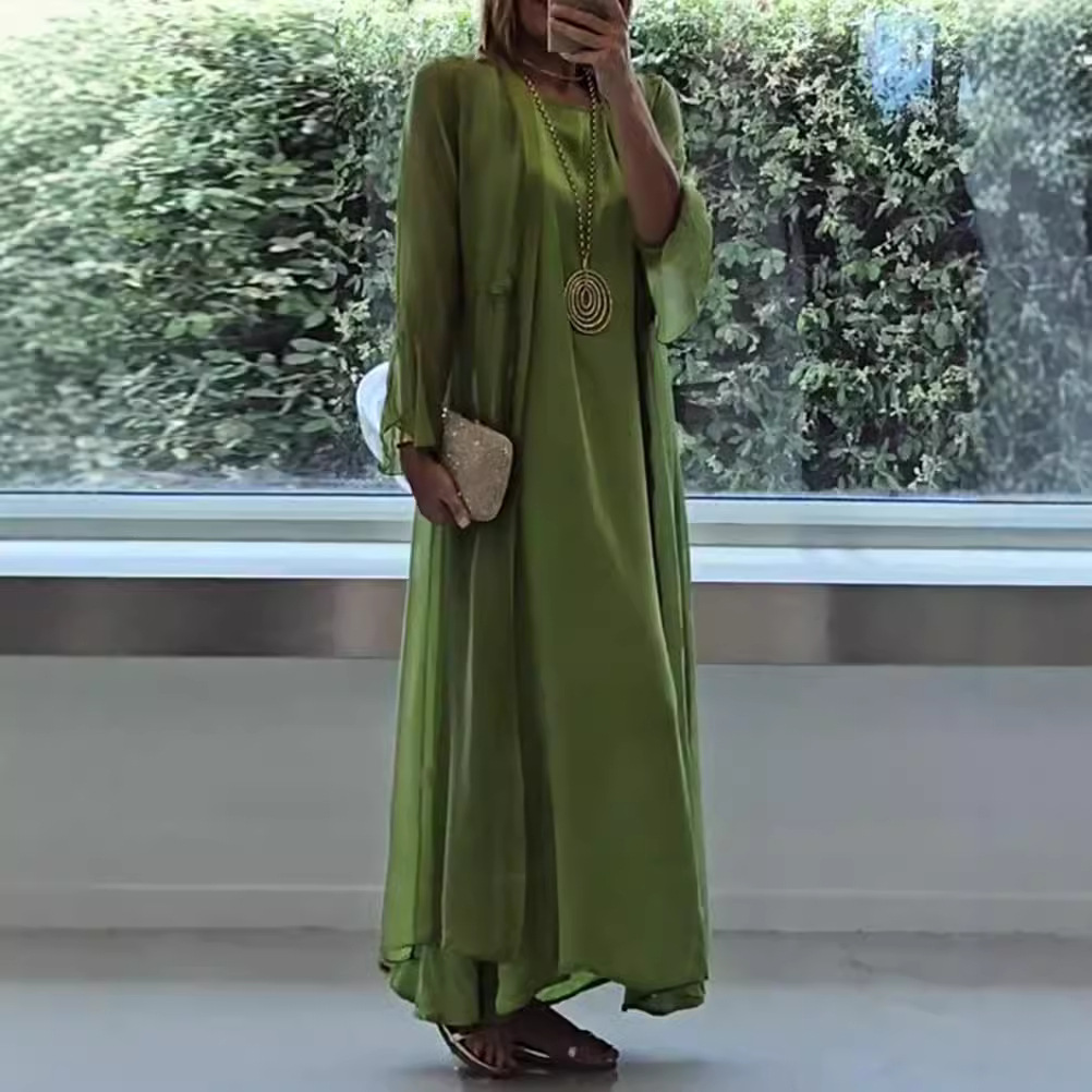 Elegant Solid Color Long Sleeve Dress Set for Women