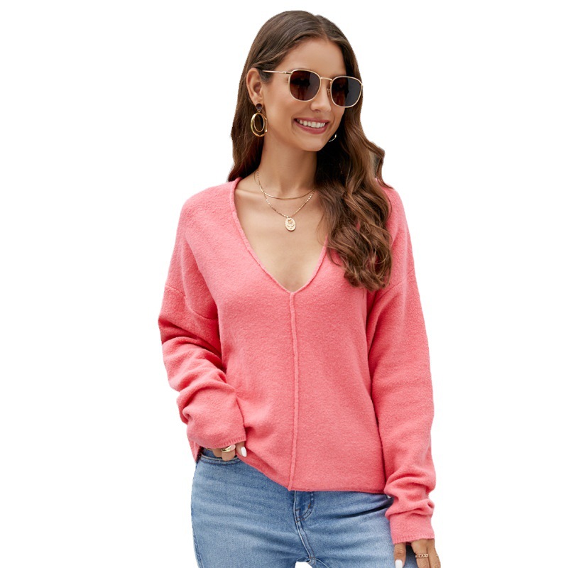 Women's Lazy Style Knit Sweater Loose Batwing Sleeve V-Neck Pullover