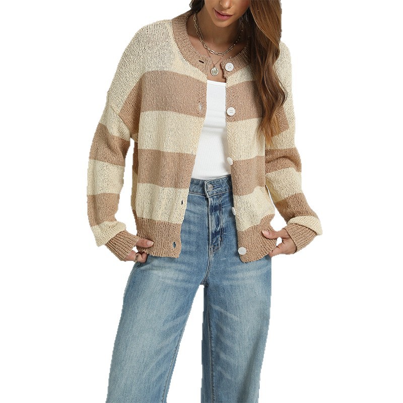 Striped Knit Cardigan Long Sleeve Round Neck Button-Up Sweater