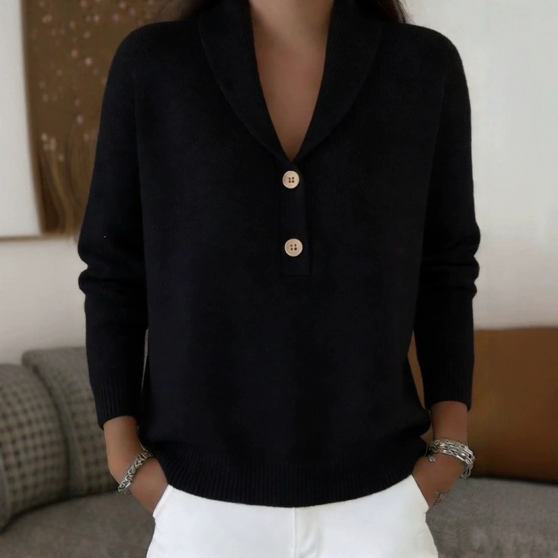 Women's Knit Button Polo Sweater Solid Color Casual Loose Fit Long Sleeve