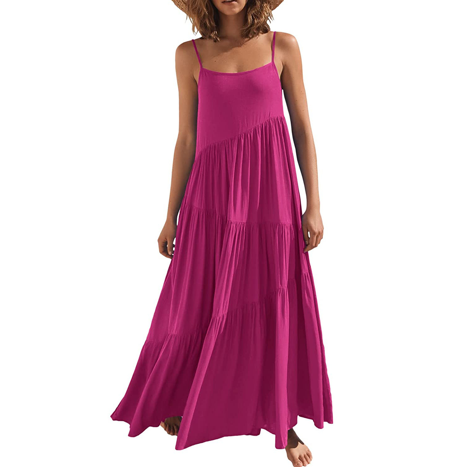 Women's Summer Loose Solid Pleated Sleeveless Halter Long Dress