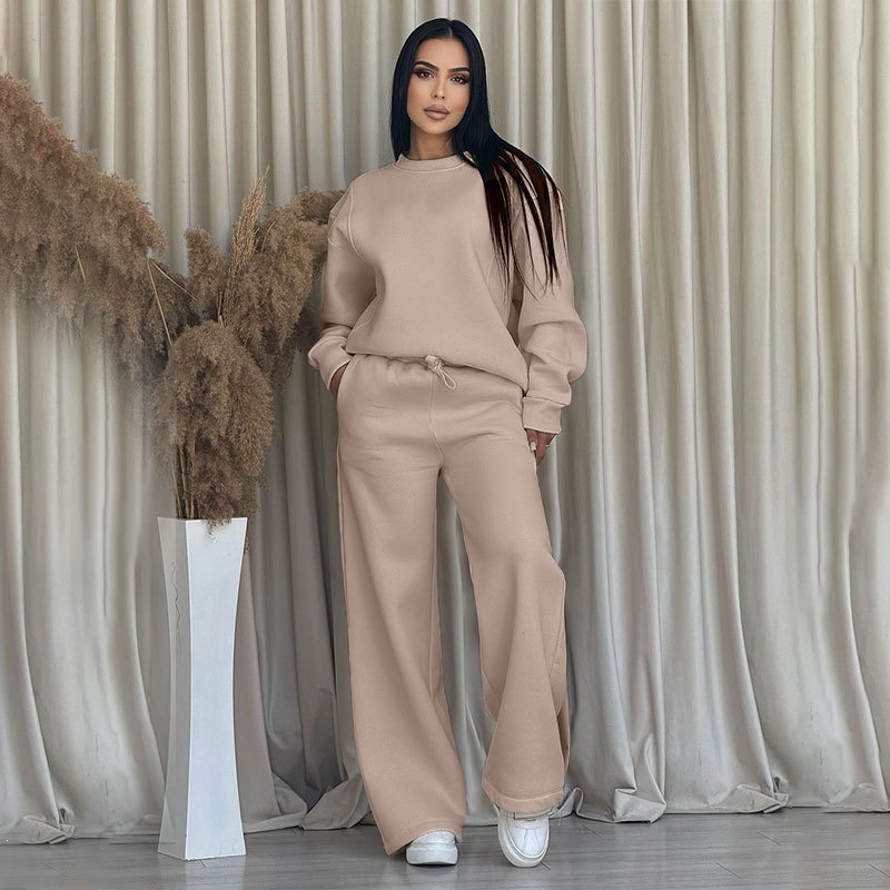 Women's Solid Crewneck Long Sleeve Wide-Leg Pants Set Casual Loose Fit