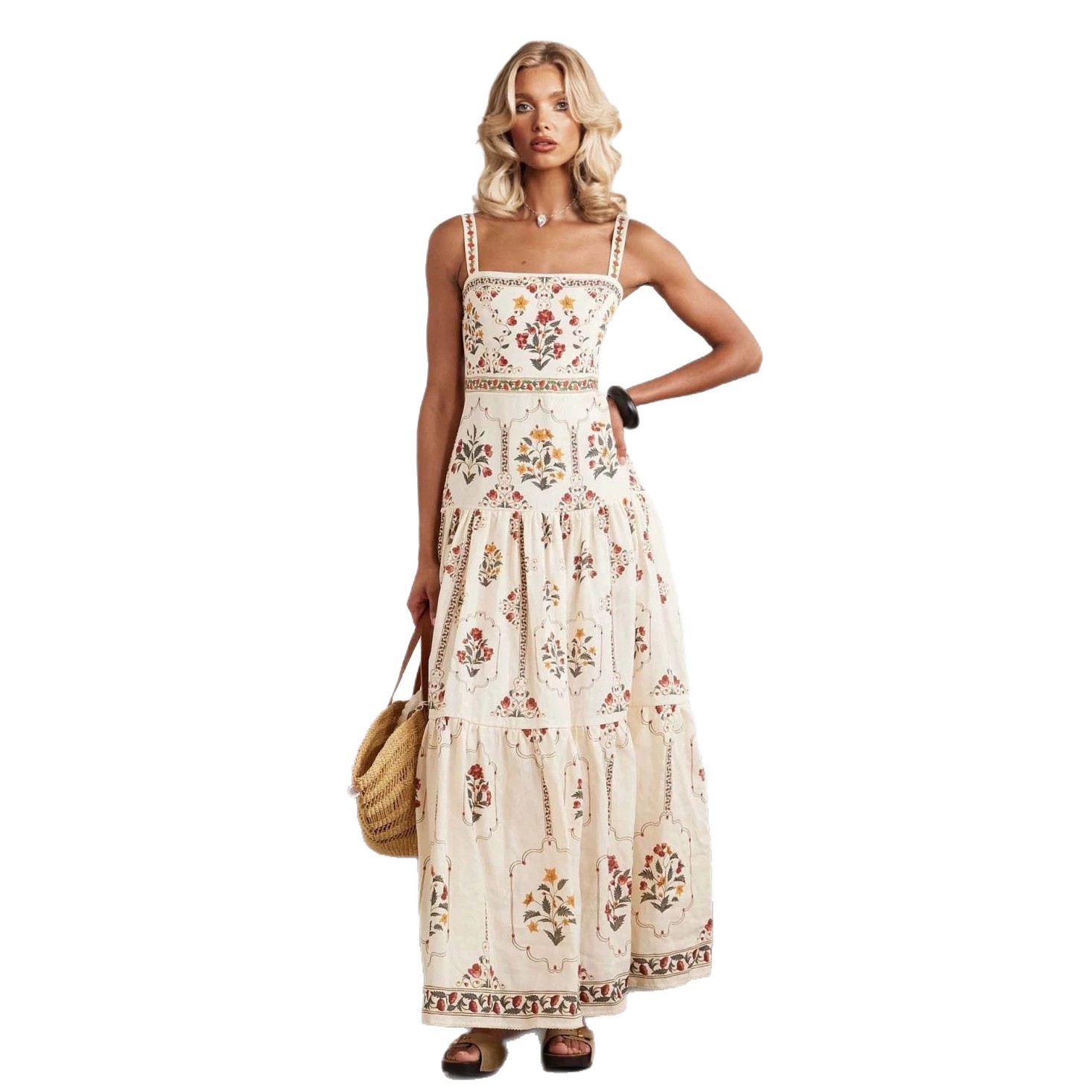 Bohemian High-Waist Floral Maxi Dress Sleeveless Beach Vacation