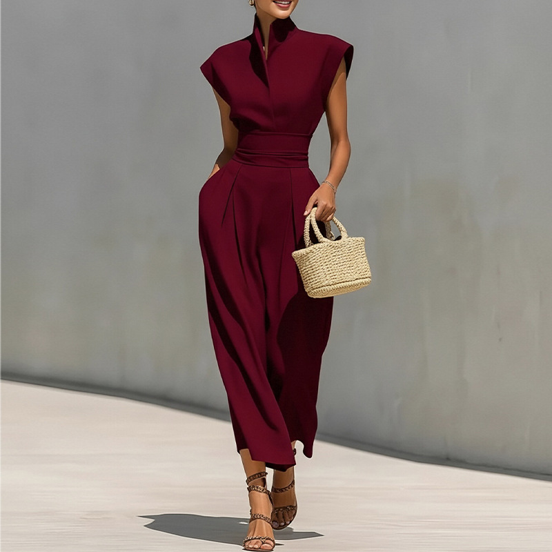 Elegant Stand Collar Solid Color Flutter Sleeve Dress