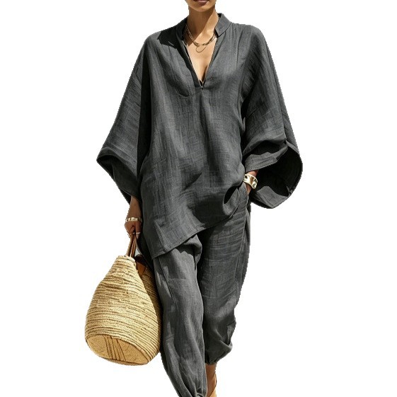Women's Casual Batwing Sleeve V-Neck Loose Two-Piece Set