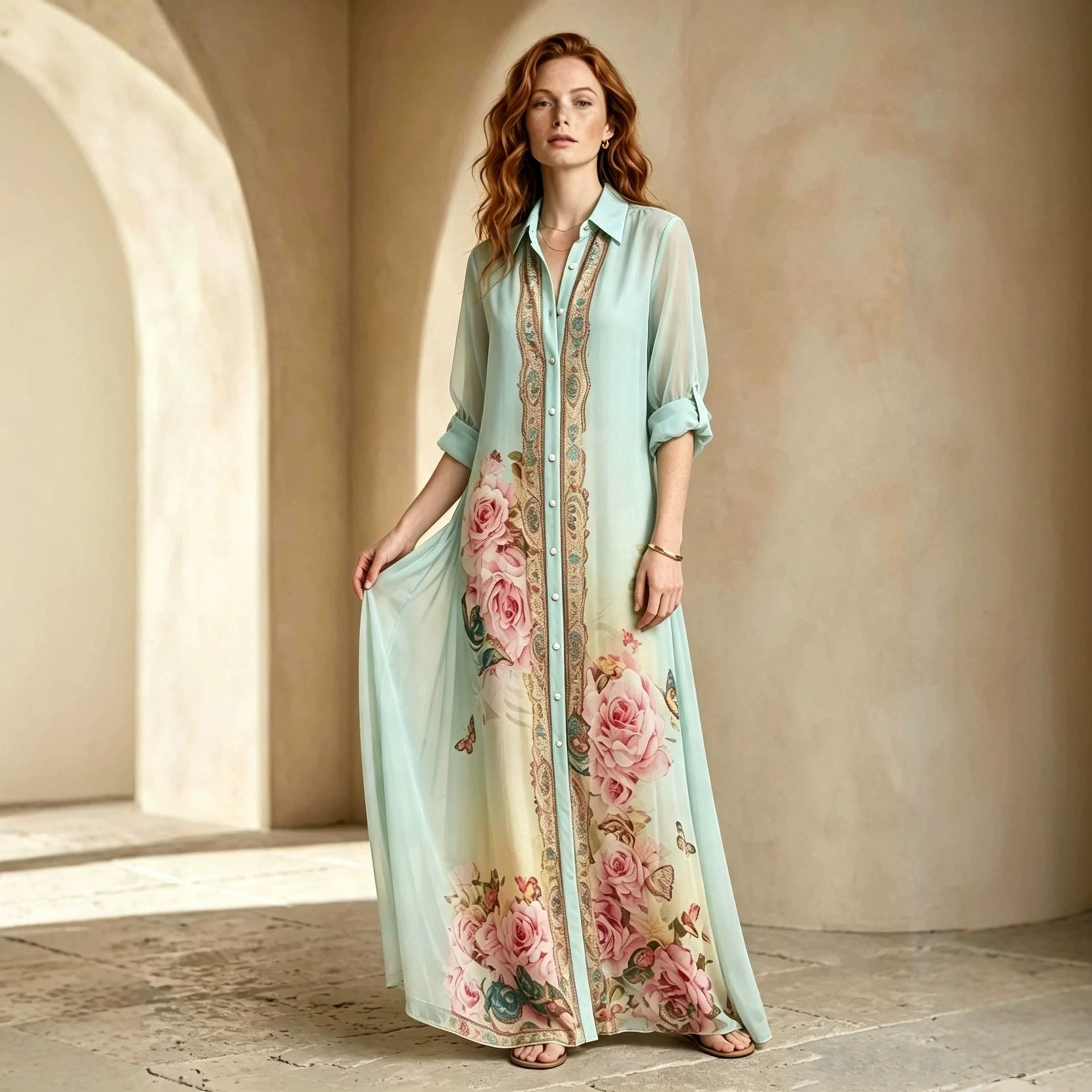 Women's Vintage Geometric Print A-Line Long Sleeve Dress with Embroidered Collar